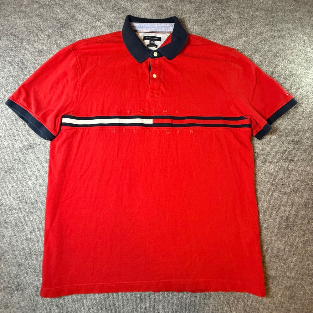 Tommy Hilfiger Men XXL Red Custom Fit Striped Chest Logo Short Sleeve Polo Shirt
